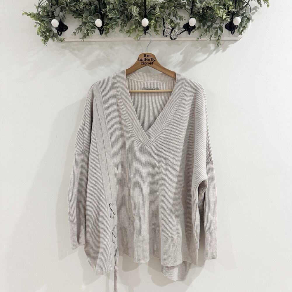 AllSaints Able Lace Up Wool-Cashmere Blend V-Neck Sweater OO2